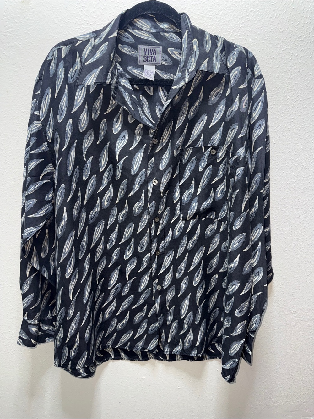 100% SILK Black Paisley-Print Long-Sleeve Button-Down Shirt